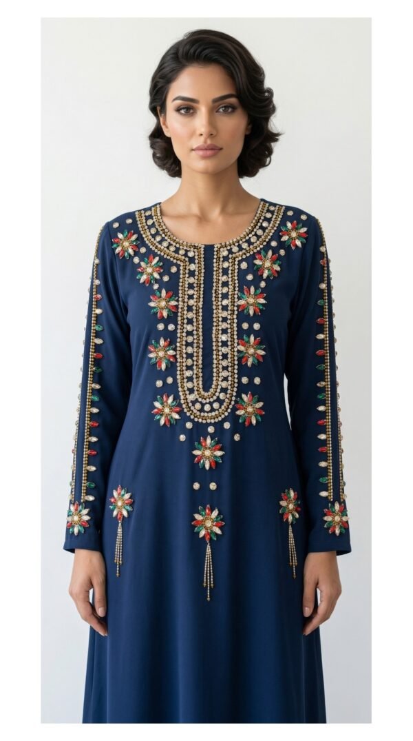 Luxury Dubai kaftan floral embroidered neckline detail