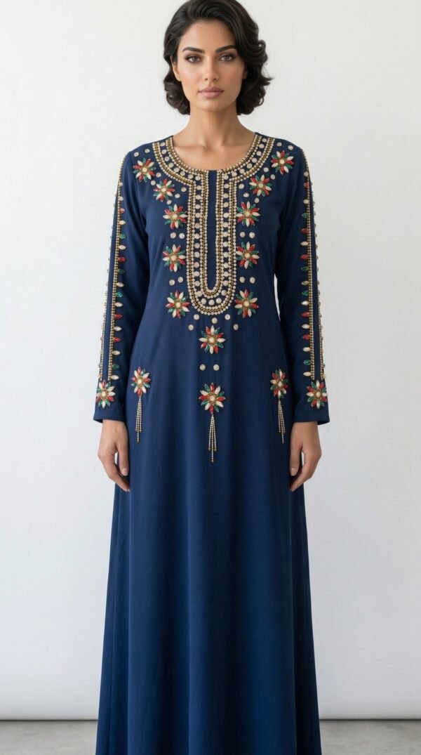 Navy Blue Moroccan Kaftan Dress Gold & Silver Embroidery Dubai Kaftan Wedding Dress Luxury Maxi Abaya Eid Outfit
