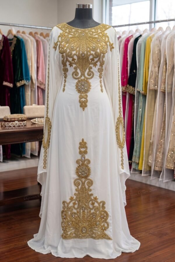 White & Gold Embroidered Moroccan Bridal Kaftan Dress Luxury Dubai Wedding Kaftan for Women with Elegant Cape Sleeves