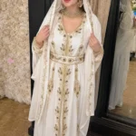White Moroccan kaftan dress with gold embroidery front view bridal (1)
