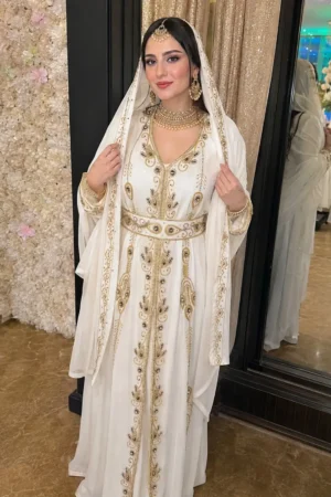 White Moroccan kaftan dress with gold embroidery front view bridal (1)