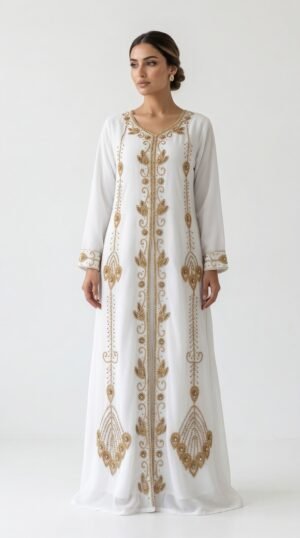 White Moroccan kaftan dress with gold embroidery front view bridal