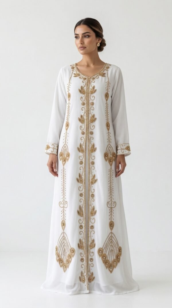 White Moroccan kaftan dress with gold embroidery front view bridal