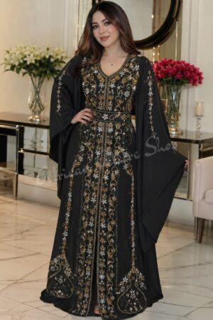 Black Moroccan kaftan dress with gold and silver embroidery jeweled beadwork and flowing cape sleeves (1)