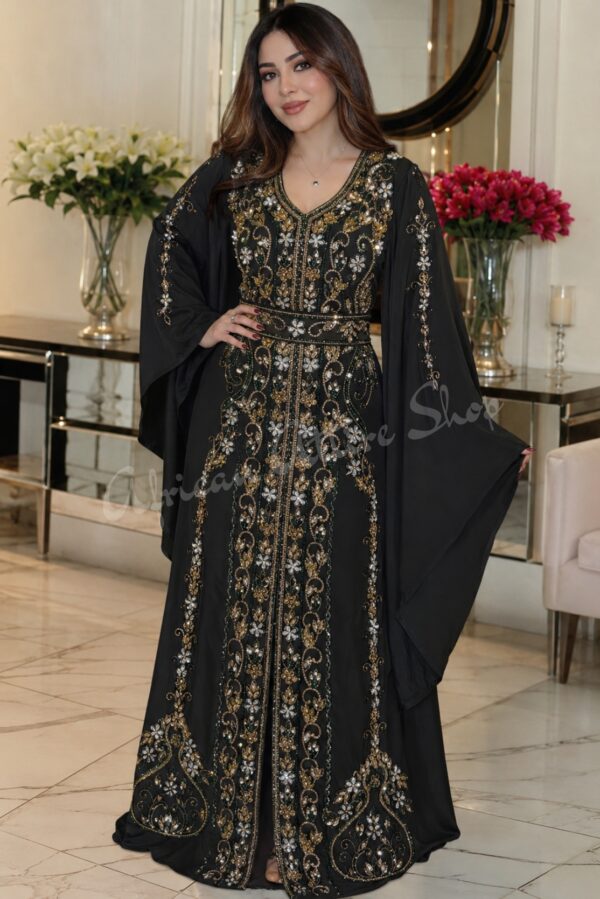 Black Moroccan kaftan dress with gold and silver embroidery jeweled beadwork and flowing cape sleeves (1)
