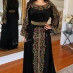 Black velvet Moroccan style kaftan dress with colorful floral embroidery and woven waist belt (1)