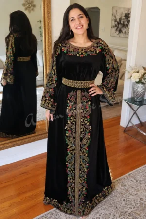 Black velvet Moroccan style kaftan dress with colorful floral embroidery and woven waist belt (1)