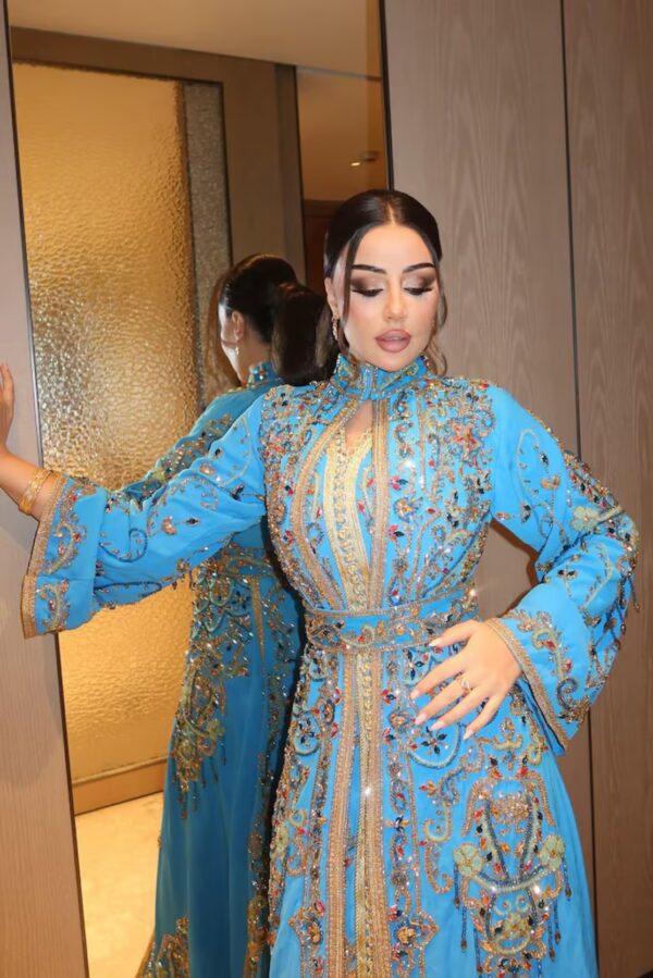 Turquoise Blue Moroccan Kaftan Dress, Luxury Embroidered Kaftan, Gold Beaded Maxi Dress, Moroccan Wedding Guest Dress, Eid Party Dress