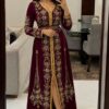 Burgundy Moroccan kaftan dress with intricate gold embroidery and beaded zari detailing (1)