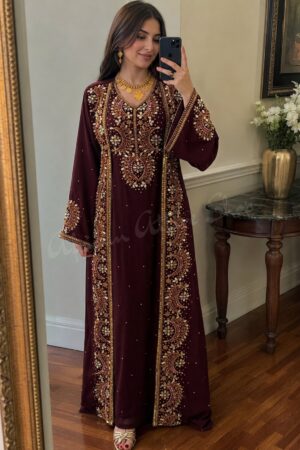 Burgundy Moroccan kaftan wedding dress with intricate gold embroidery and beadwork (1)
