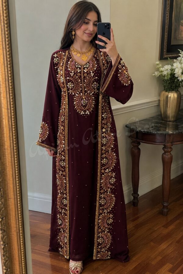 Burgundy Moroccan kaftan wedding dress with intricate gold embroidery and beadwork (1)