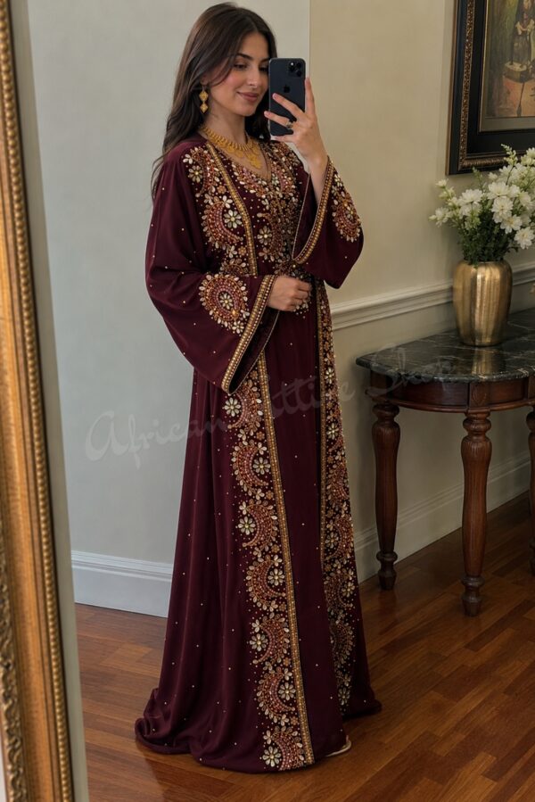 Burgundy Moroccan kaftan wedding dress with intricate gold embroidery and beadwork (2)