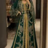 Emerald green Moroccan kaftan with gold embroidery jeweled belt embellished sleeves and matching sheer veil (1)