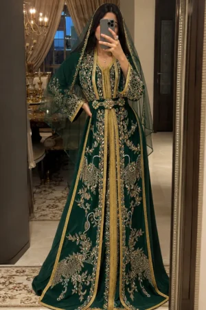 Emerald green Moroccan kaftan with gold embroidery jeweled belt embellished sleeves and matching sheer veil (1)