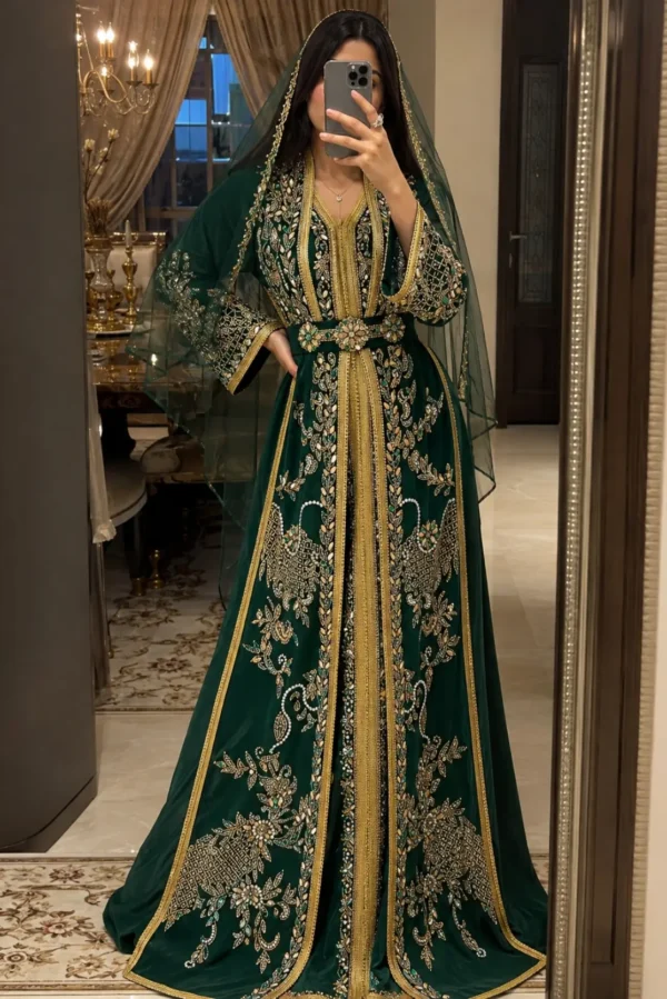 Emerald green Moroccan kaftan with gold embroidery jeweled belt embellished sleeves and matching sheer veil (1)