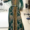 Emerald green Moroccan kaftan with gold embroidery jeweled belt embellished sleeves and matching sheer veil (5)