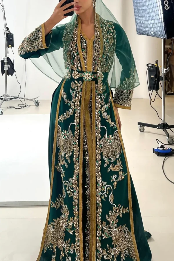 Emerald green Moroccan kaftan with gold embroidery jeweled belt embellished sleeves and matching sheer veil (5)