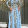 Light blue Moroccan kaftan dress with gold embroidery jeweled beadwork long sleeves and floor length flowing skirt (1)