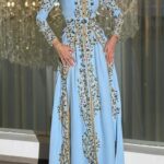 Light blue Moroccan kaftan dress with gold embroidery jeweled beadwork long sleeves and floor length flowing skirt (1)