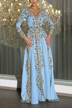 Light blue Moroccan kaftan dress with gold embroidery jeweled beadwork long sleeves and floor length flowing skirt (1)