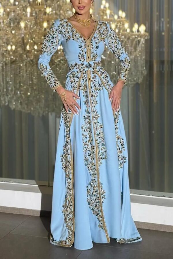 Light blue Moroccan kaftan dress with gold embroidery jeweled beadwork long sleeves and floor length flowing skirt (1)