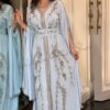 Light blue Moroccan kaftan dress with silver floral embroidery beaded V-neck flowing sleeves and matching belt (2)