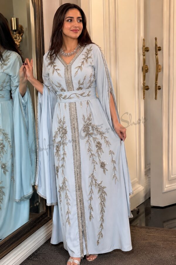 Light blue Moroccan kaftan dress with silver floral embroidery beaded V-neck flowing sleeves and matching belt (2)