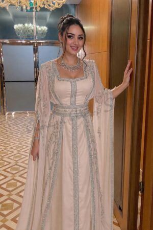 Moroccan kaftan with silver embroidery embellished waist and flowing cape sleeves (1)