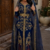 Navy blue Moroccan kaftan dress with gold embroidery jeweled belt and sheer matching veil (1)