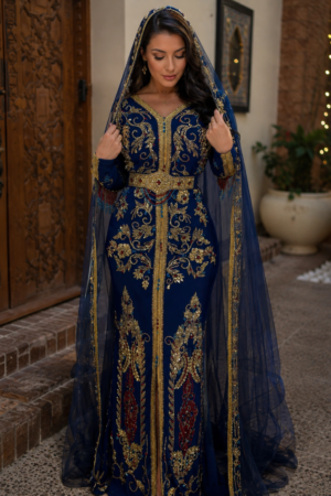 Navy blue Moroccan kaftan dress with gold embroidery jeweled belt and sheer matching veil (1)