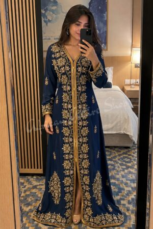 Navy blue Moroccan style kaftan with gold embroidery and beadwork (1)