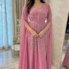 Rose pink embroidered maxi gown with silver floral embellishment and flowing cape sleeves (1)