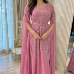 Rose pink embroidered maxi gown with silver floral embellishment and flowing cape sleeves (1)