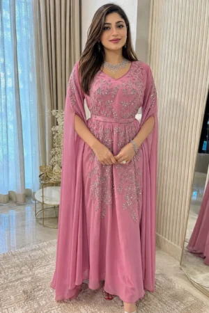 Rose pink embroidered maxi gown with silver floral embellishment and flowing cape sleeves (1)