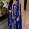 Royal blue Moroccan kaftan dress with detailed gold floral embroidery decorative borders and matching embellished waist belt (1)