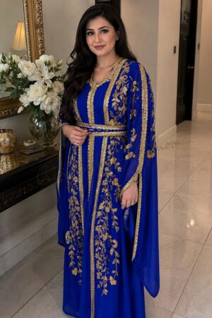 Royal blue Moroccan kaftan dress with detailed gold floral embroidery decorative borders and matching embellished waist belt (1)
