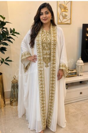 White Moroccan bridal kaftan dress with detailed gold embroidery and embellished front panel (1)