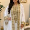 White Moroccan bridal kaftan dress with detailed gold embroidery and embellished front panel (2)