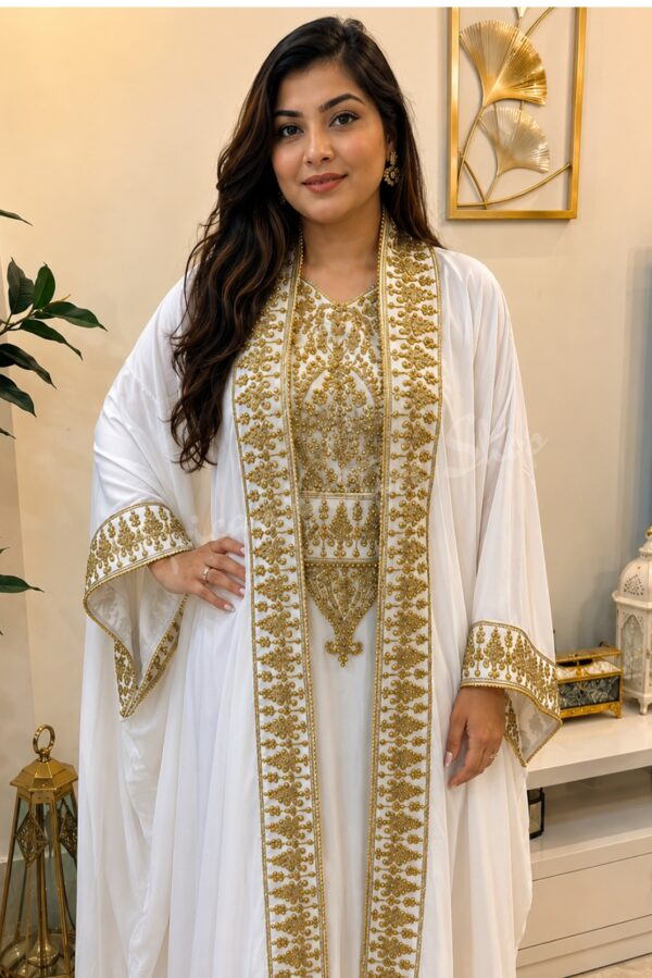 White Moroccan bridal kaftan dress with detailed gold embroidery and embellished front panel (2)