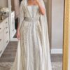 White Moroccan bridal kaftan with silver embroidery embellished waist belt and flowing cape sleeves (1)