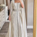 White Moroccan bridal kaftan with silver embroidery embellished waist belt and flowing cape sleeves (1)