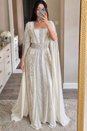 White Moroccan bridal kaftan with silver embroidery embellished waist belt and flowing cape sleeves (1)