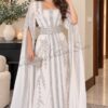 White Moroccan bridal kaftan with silver embroidery embellished waist belt and flowing cape sleeves (2)