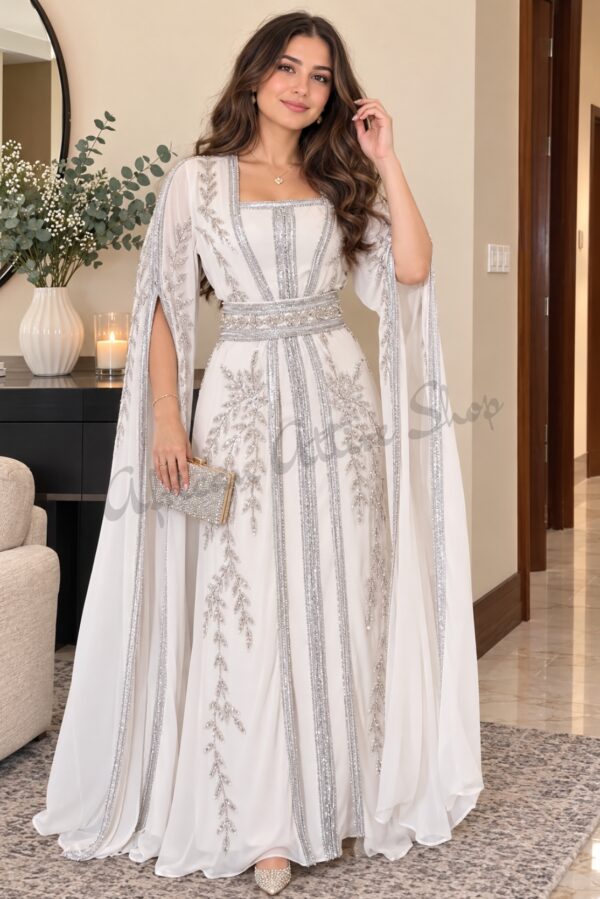 White Moroccan bridal kaftan with silver embroidery embellished waist belt and flowing cape sleeves (2)