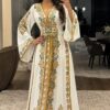 White Moroccan kaftan dress with gold and green embroidery and embellished belt (1)