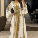 White Moroccan kaftan dress with gold and green embroidery and embellished belt (1)