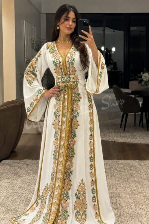 White Moroccan kaftan dress with gold and green embroidery and embellished belt (1)