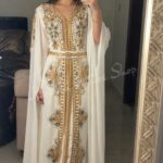 White Moroccan kaftan dress with gold and silver beaded embroidery and matching belt (1)