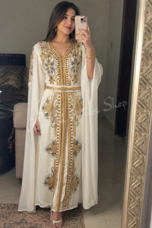 White Moroccan kaftan dress with gold and silver beaded embroidery and matching belt (1)