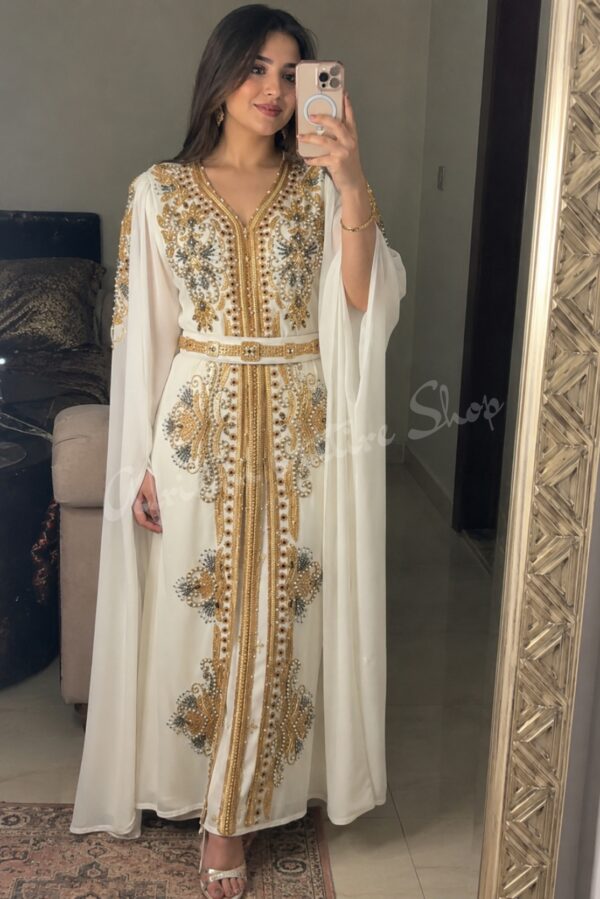 White Moroccan kaftan dress with gold and silver beaded embroidery and matching belt (1)